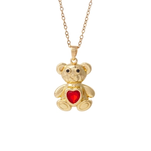 Gold-plated teddy bear necklace with red heart zircon pendant on thin gold chain