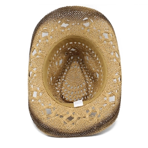 Breathable hollow-out paper straw cowboy hat for sun protection in a natural wood tone