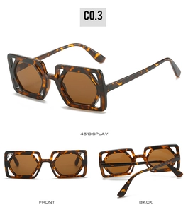 Three-angle display of square tortoiseshell sunglasses with geometric hollow frames