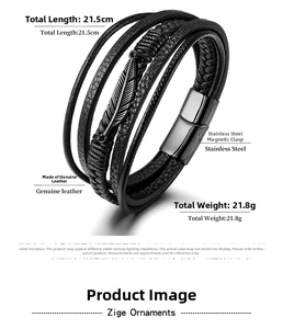 Detail showing the 21.5cm length and magnetic clasp of the men's braided leather bracelet