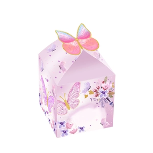 Pink milk box gift packaging with 3D rainbow butterfly and delicate floral patterns