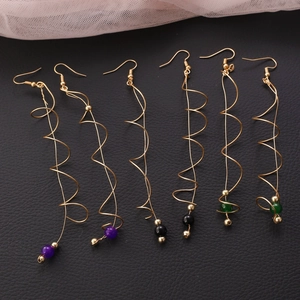Elegant geometric spiral line drop earrings with colorful pearl beads in golden finish