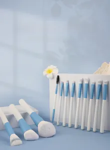 Close-up of 13-piece makeup brush set with blue and white handles on display stand