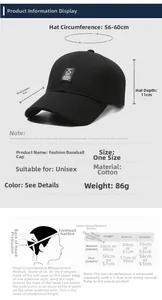 Size chart showing dimensions and head circumference for this black cotton baseball cap