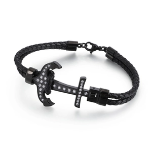 Bracelet pour homme en cuir tressé noir avec ancre ornée de cristaux et fermoir robuste