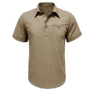 Men's khaki cotton linen short sleeve Hawaiian beach shirt with chest pocket and button neck