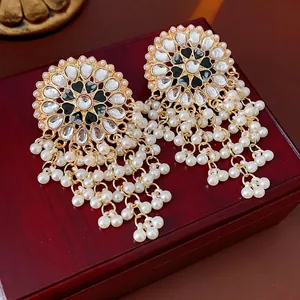 Vintage Drop Earrings With Alloy Rhinestone Enamel Heart And Artificial Pearl Tassels With Silver Earring Post For Women Luxury Style