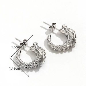 Polished stainless steel dragon hoop earrings with detailed texture, 1.6cm outer diameter