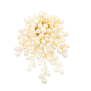Handmade bouquet-shaped brooch featuring white freshwater pearls in a gold wire setting