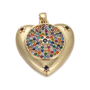 Detailed view of heart-shaped gold pendant with colorful zircon stones and star accents