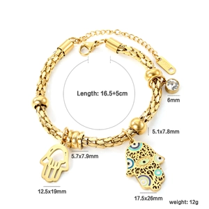 Gold stainless steel Hamsa hand and evil eye charm bracelet with adjustable extension chain
