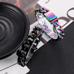 Flat Cuban link chain bracelet in matte black and iridescent rainbow steel finish