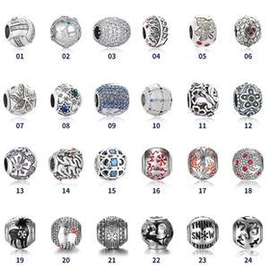 Vista macro de 24 cuentas de plata S925 surtidas y dijes de flores para joyería DIY