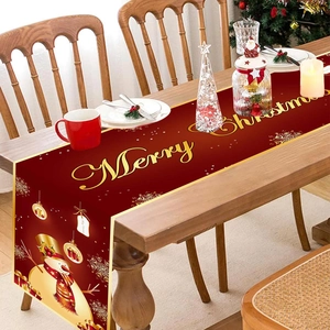 Christmas Table Runner Red Polyester Golden Snowman Merry Christmas Print Holiday Dining Party Decoration Home Ornament