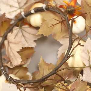 Autumn maple leaf wreath with white pumpkins for Thanksgiving and Halloween door decoration