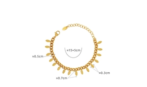 Detail of 18k gold plated titanium steel leaf tassel chain bracelet with size measurements