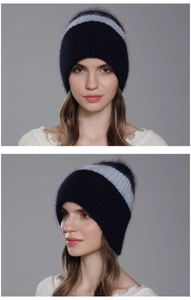 Dettaglio del berretto a righe in pelliccia di coniglio soffice blu navy e grigio chiaro
