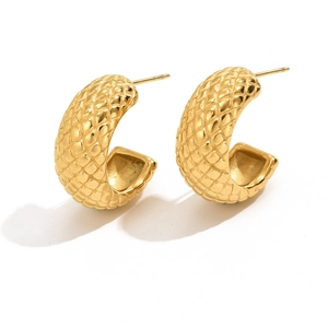 14K gold plated C-shaped wide hoop earrings with quilted pattern on white background