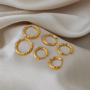 Three pairs of 18K gold-plated stainless steel hoop earrings with hammered texture finish