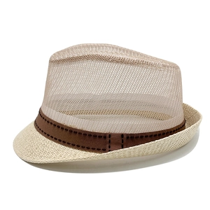 Close-up of breathable beige mesh fedora hat with brown decorative band and woven brim