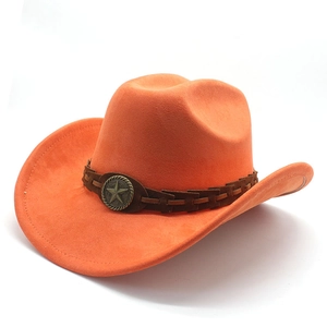 Detail of orange suede cowboy hat featuring brown braided leather band and star badge