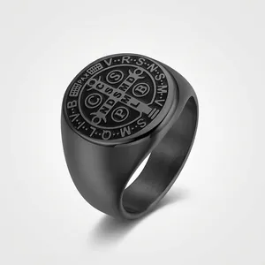 Saint Benedict Medal Signet Ring Stainless Steel Religious Exorcist Cross Retro Polished Jewelry For Men