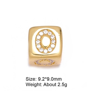 Macro view of gold square bead charm with zircon letter O and size specifications
