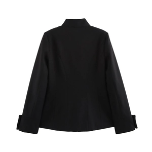 Classic slim-fit navy blue standing collar blazer for women with refined back waist tailoring