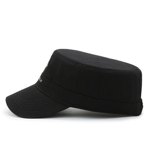 Black cotton cadet hat with gold side embroidery and reinforced brim detail