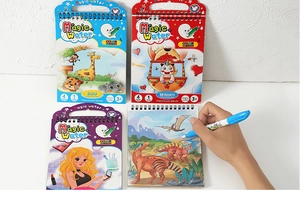 Detail of reusable magic water drawing book showing kids coloring unicorn and zoo themes