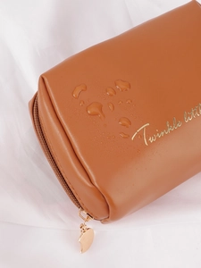 Waterproof brown PU leather makeup pouch with gold heart zipper and Twinkle text detail