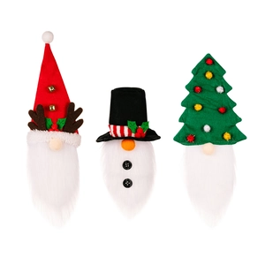 Three festive Christmas wine bottle covers featuring plush beards and colorful hats