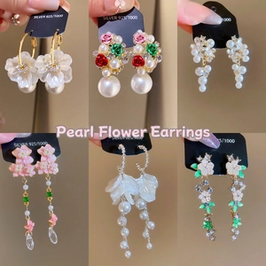 Floral Artificial Pearl Drop Earrings With 925 Sterling Silver Earring Post Alloy Rhinestone Flower Sweet Elegant Vacation Style For Women