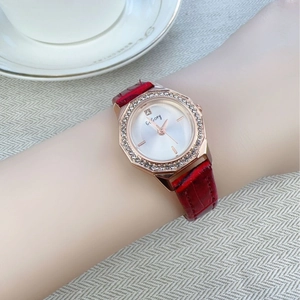 Octagonal rose gold quartz watch with red leather strap and diamond bezel for women