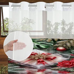 Detail of Christmas rose print sheer shower curtain with grommet top design and light filtering
