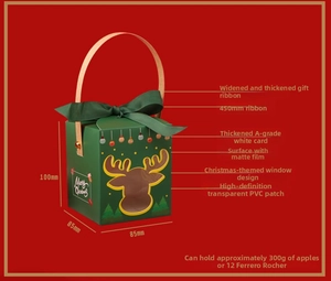 Green Christmas gift box with reindeer cutout window and ribbon, size 85x85x100mm