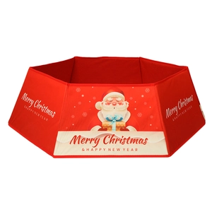 Hexagonal red Christmas tree collar with Santa Claus print and festive holiday greetings