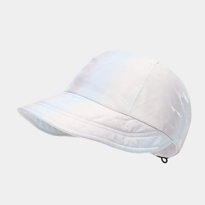 Detail of colorful tie-dye baseball cap with black adjustable buckle and white-blue gradient