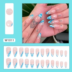 Lake blue almond press-on nails with heart and wave patterns in 24-piece full set