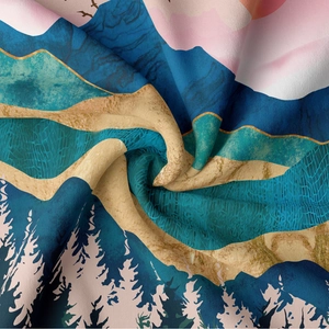 Artistic abstract mountain forest wall tapestry in blue, gold and pink textured fabric