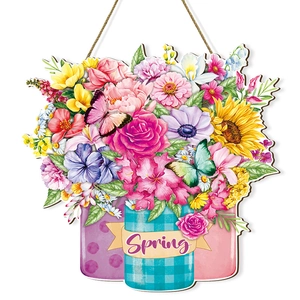 Spring farmhouse wooden door sign with floral bouquet in jars and hanging rope