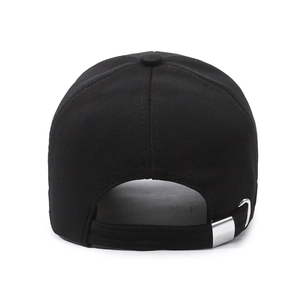 Rear view of black embroidered baseball cap with adjustable metal buckle and strap