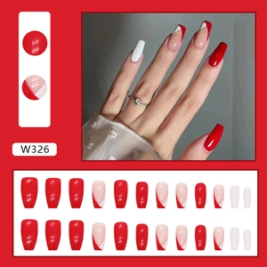 Elegant minimalist French red and white coffin shaped press-on nails set for women