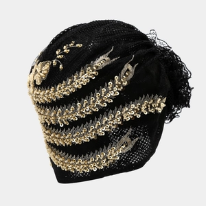 Women black mesh turban hat with gold sequin embroidery and floral lace detail