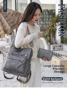 Detail view of large dark grey backpack set with stylish geometric woven strap in city setting