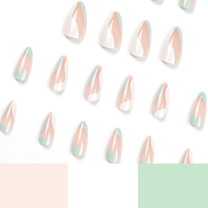 Faux ongles amande minimalistes français avec motifs de vagues vert et blanc