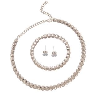 Sparkling silver necklace bracelet and earrings jewelry set with round crystal stones