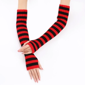 Detail of red and black striped knitted arm warmers with fingerless JK style design