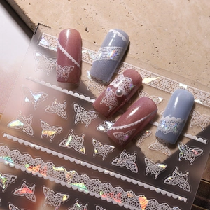 3D embossed holographic butterfly nail art stickers with iridescent lace design effects