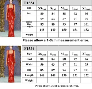Size chart with measurements in cm for the red sequin slit sleeveless evening dress